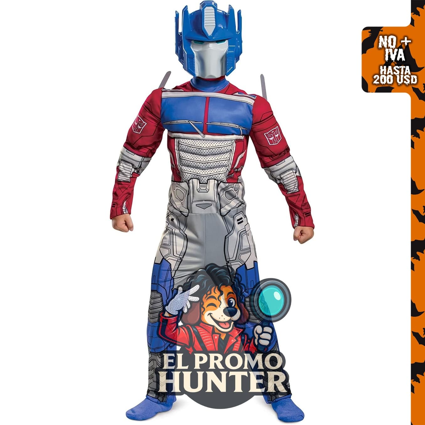 Disfraz de niño Transformers Optimus Prime, incluye detalles musculares, ideal para cosplay.