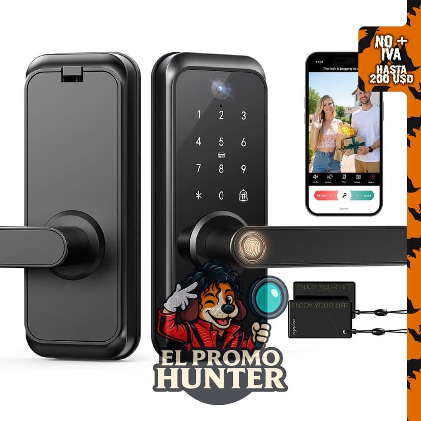 Cerradura inteligente de video con mango y timbre, perno de cierre.