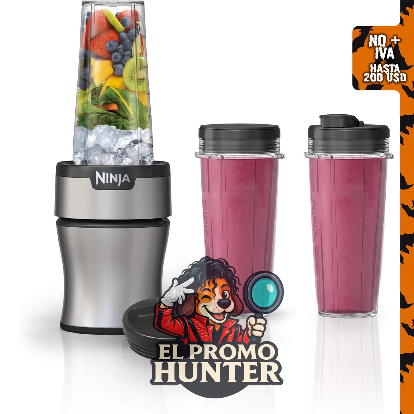 Licuadora personal Ninja Nutri-Plus 900PW con 3 tazas de 20 oz (590 ml) en color plateado.