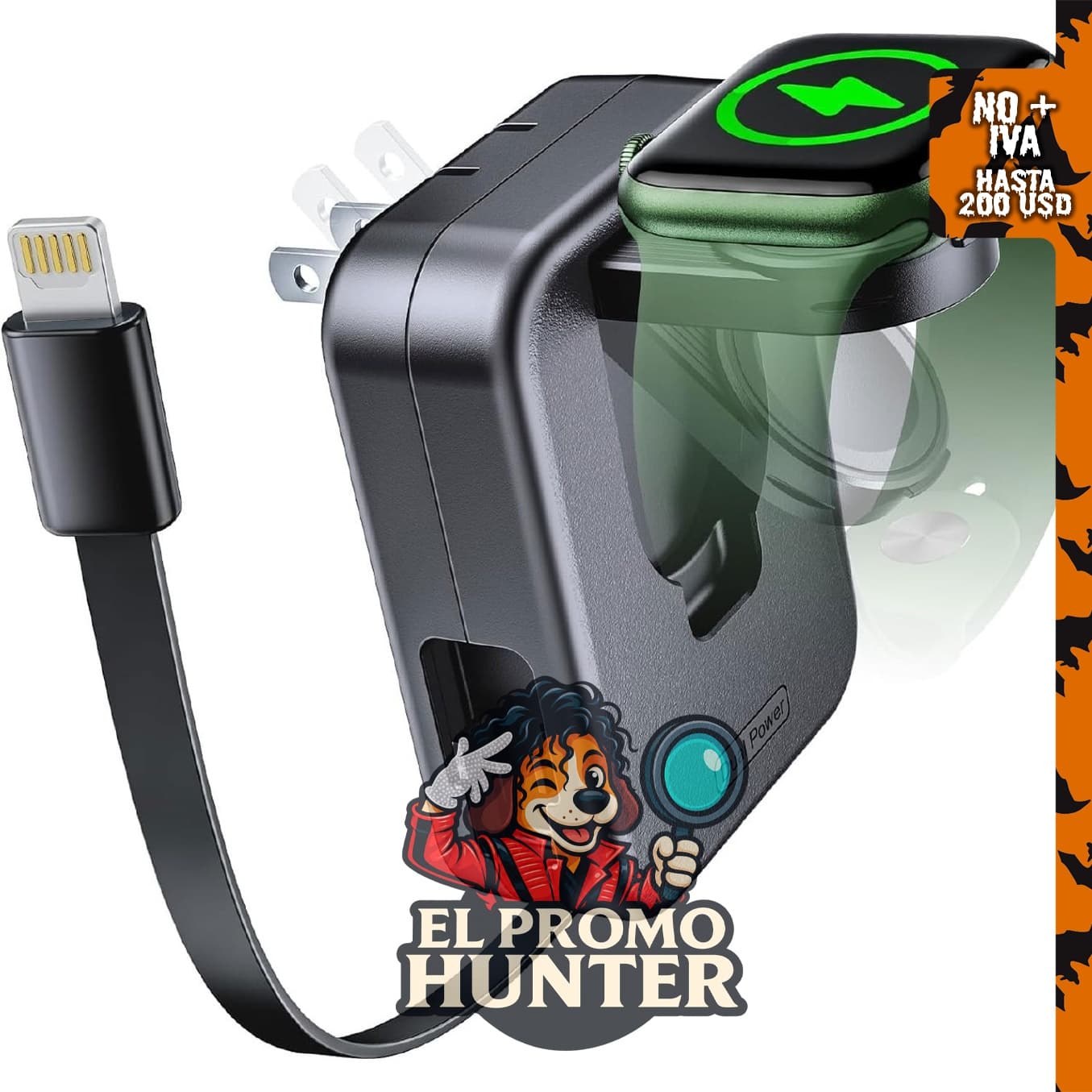 Bloque de cargador para Apple Watch, adaptador de corriente de enchufe plegable con cable retráctil integrado.