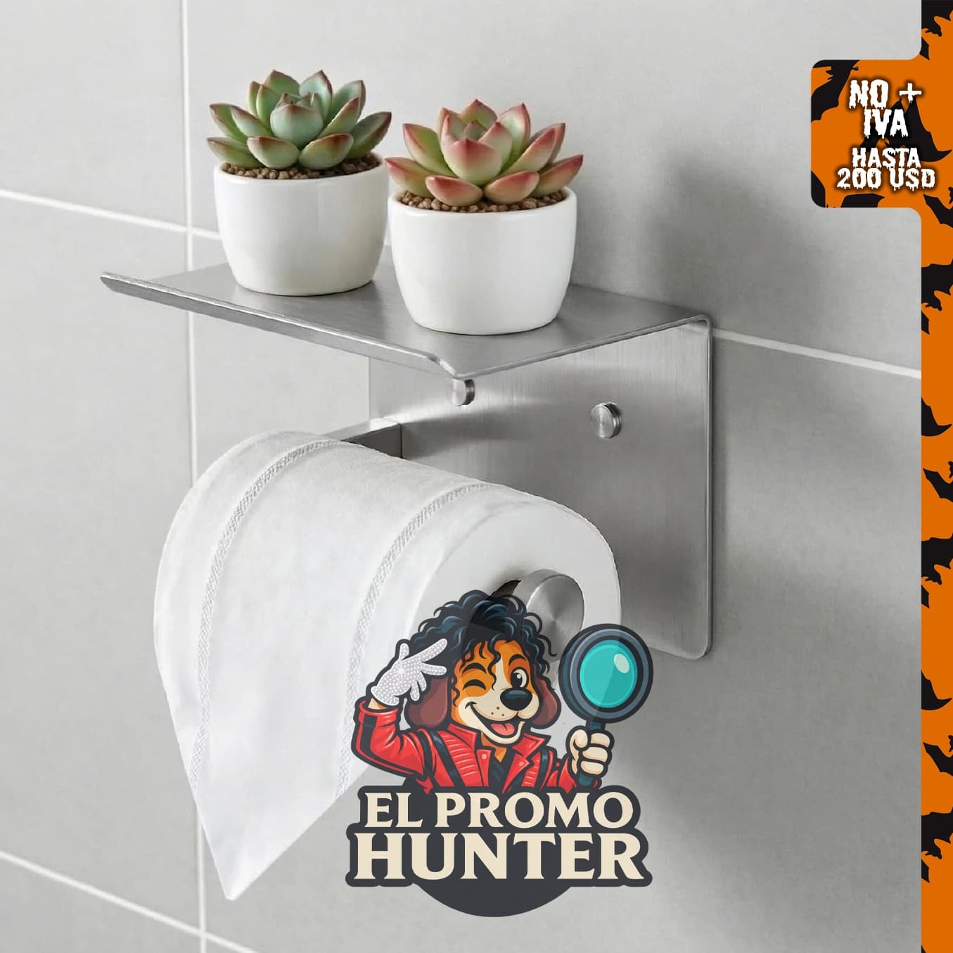 Soporte de papel higiénico con estante de acero inoxidable, autoadhesivo y sin taladro.