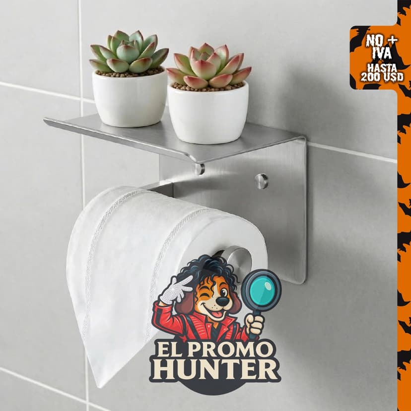 Soporte de papel higiénico con estante de acero inoxidable, autoadhesivo y sin taladro.
