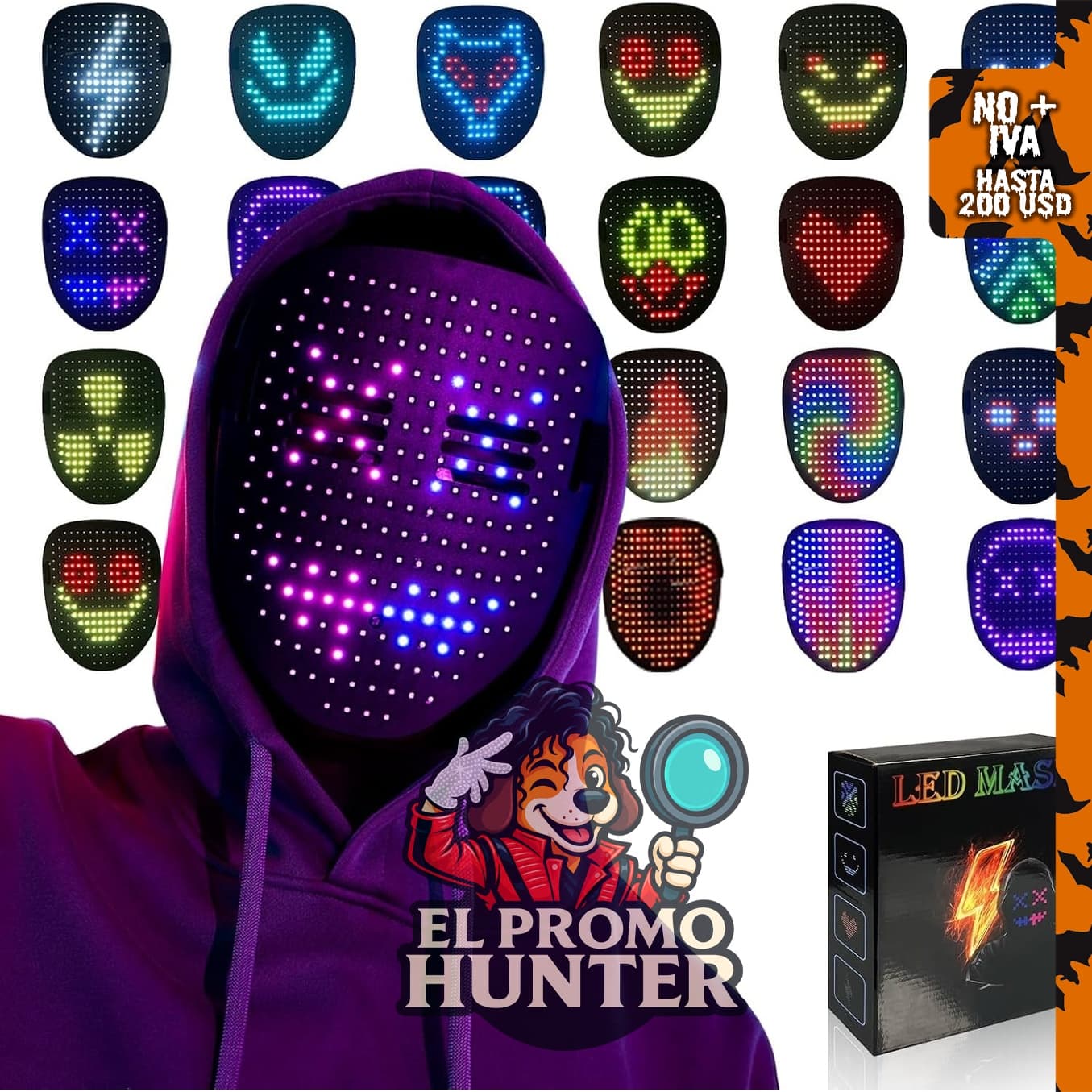 Máscara LED con detección de gestos, ideal para disfraces y fiestas.