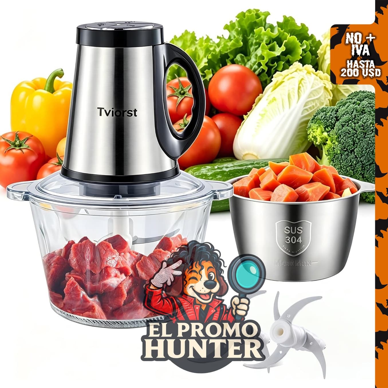 Procesador eléctrico de alimentos con picadora de carne y verduras, 3 velocidades, 2 cuencos (8 tazas de acero inoxidable + 8 tazas de vidrio).