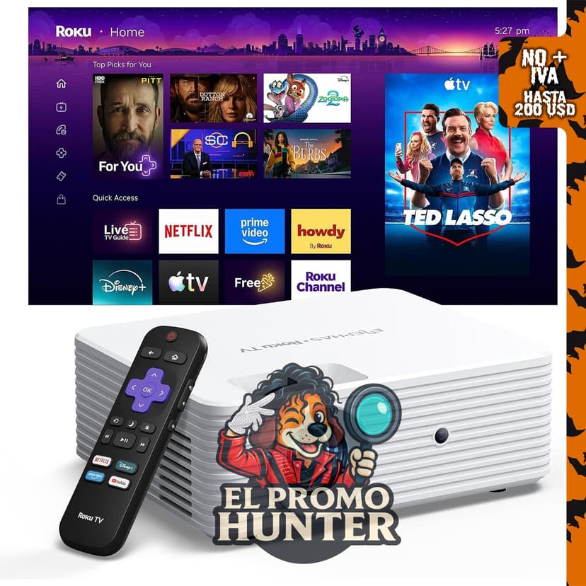 Proyector inteligente ELEPHAS Roku TV con Wi-Fi y Bluetooth.