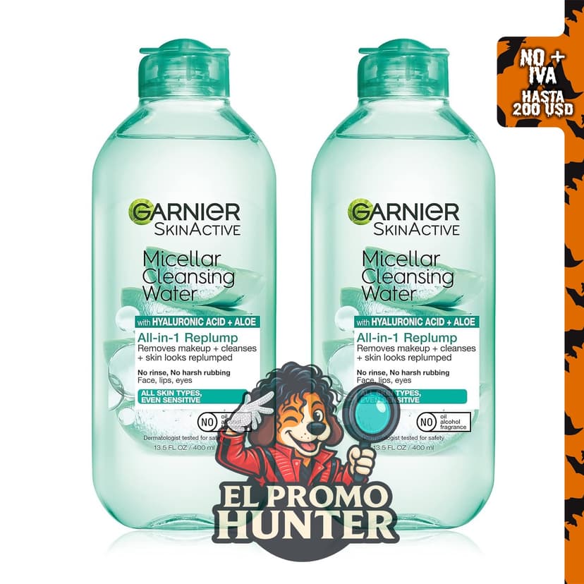 Agua micelar Garnier con ácido hialurónico, limpiador facial y desmaquillante, 400 mL, 2 unidades.