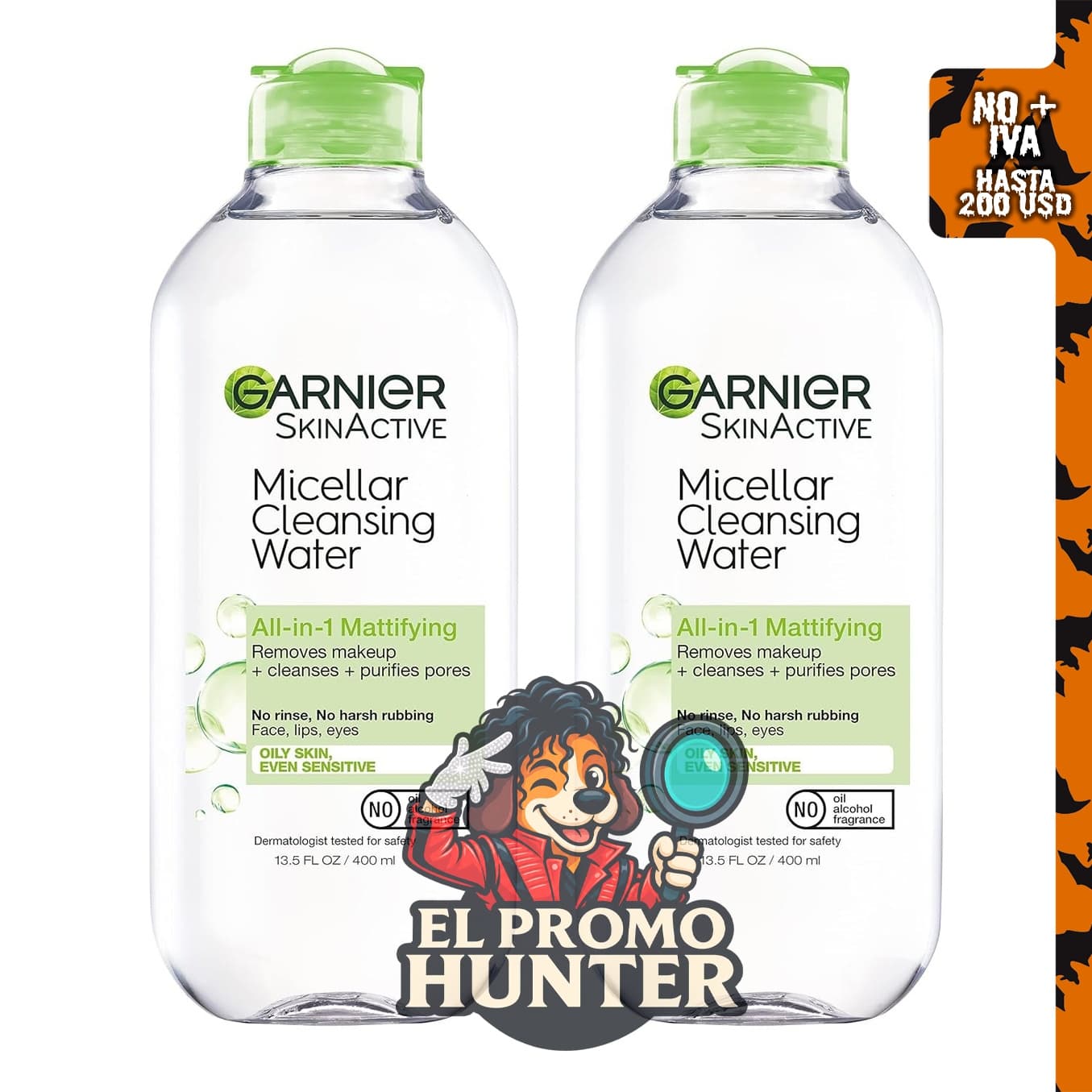 Agua micelar Garnier para piel grasa, limpiador facial y desmaquillante, 400 mL, 2 unidades.