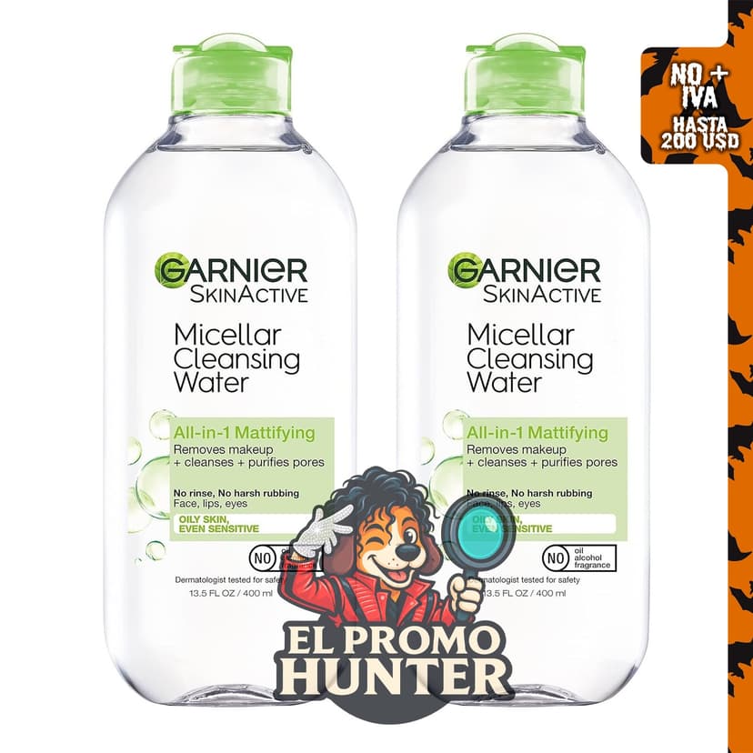 Agua micelar Garnier para piel grasa, limpiador facial y desmaquillante, 400 mL, 2 unidades.