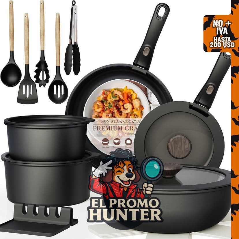Astercook Juego de 21 ollas y sartenes antiadherentes de cerámica, apto para inducción y horno.
