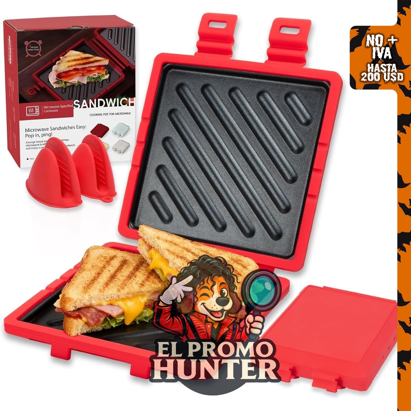Sandwichera de microondas con placas antiadherentes y correa ajustable, color rojo.