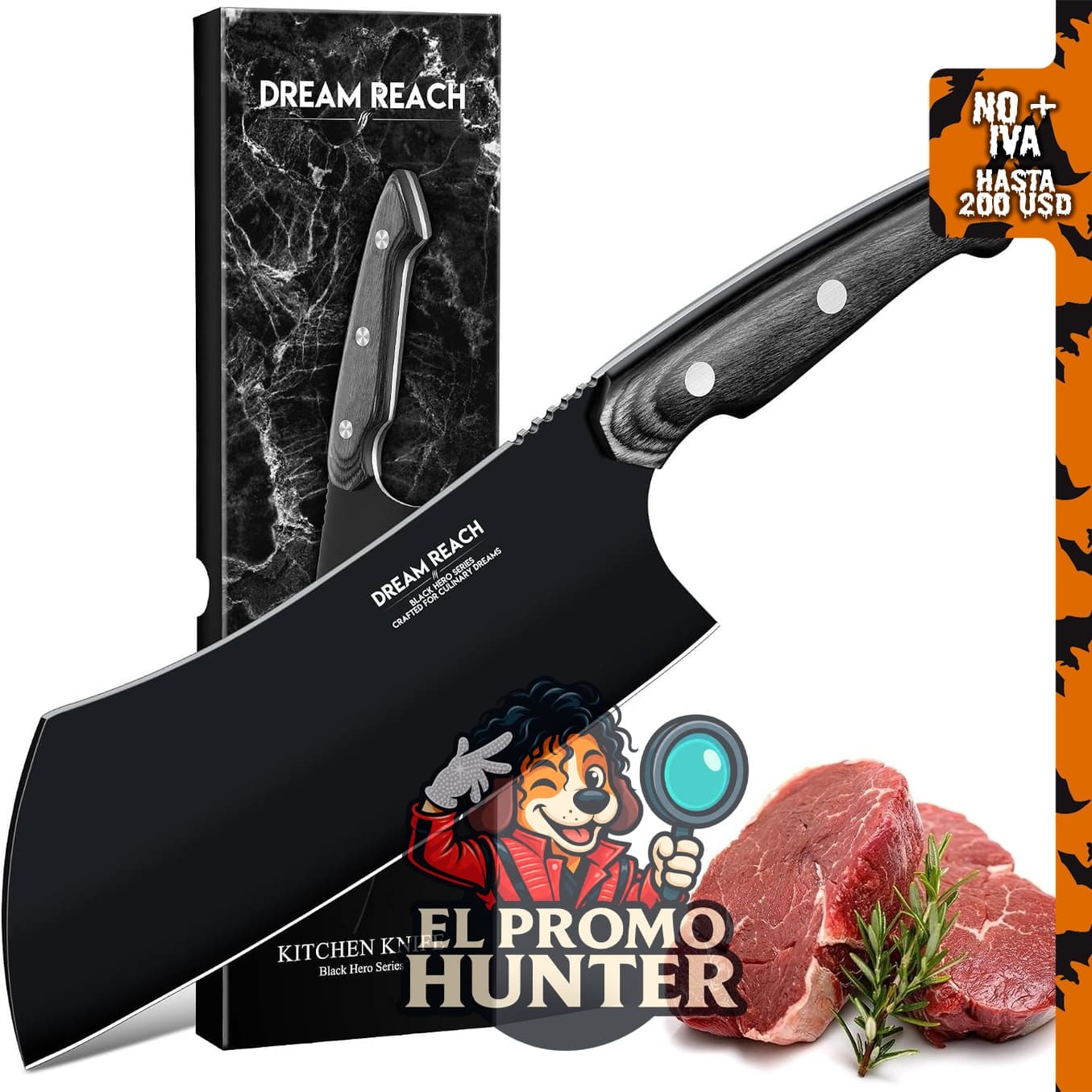 Cuchillo de carnicero negro forjado a mano, espiga completa, para cocina y barbacoa.