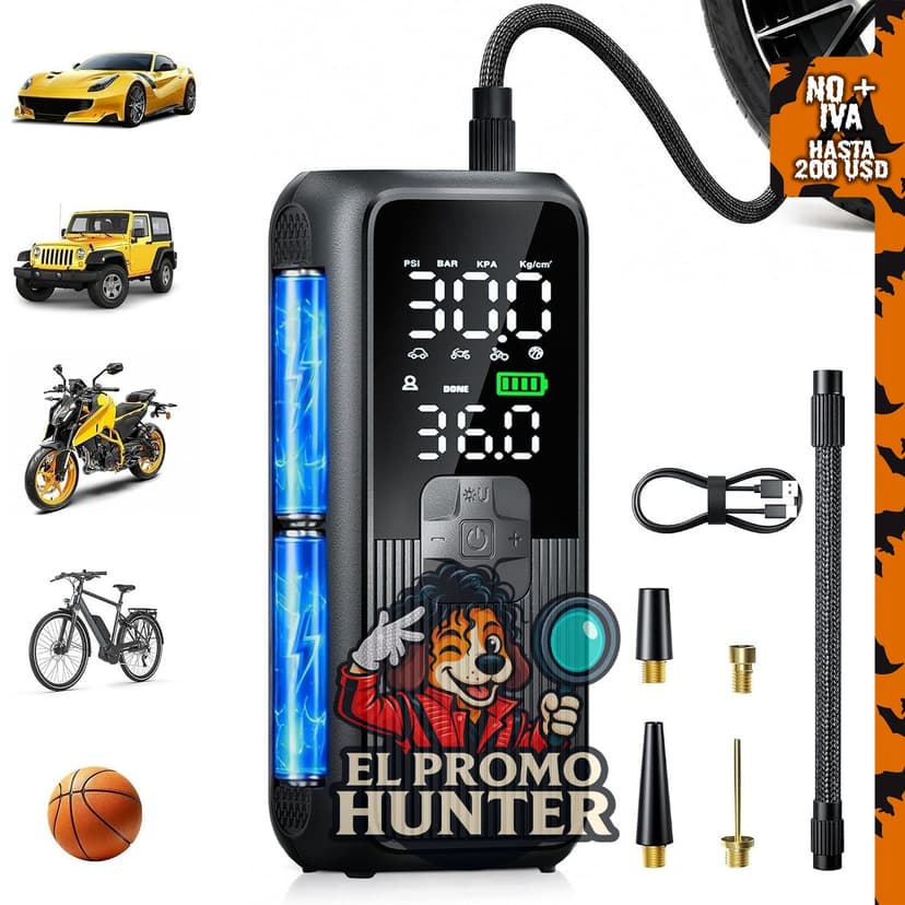 Compresor de aire portátil Birtokom para inflar llantas de coche, bicicleta, motocicleta y balones.