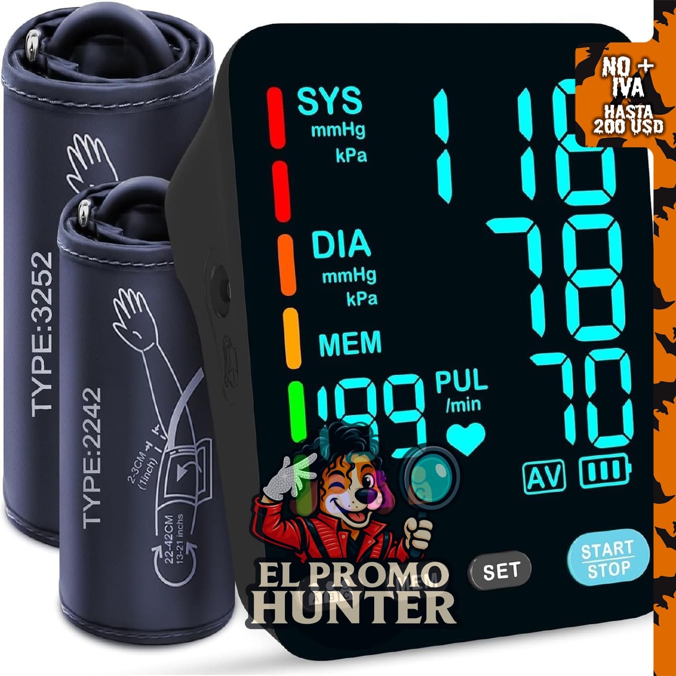 Monitor de presión arterial para uso en casa, con manguitos estándar y XL.