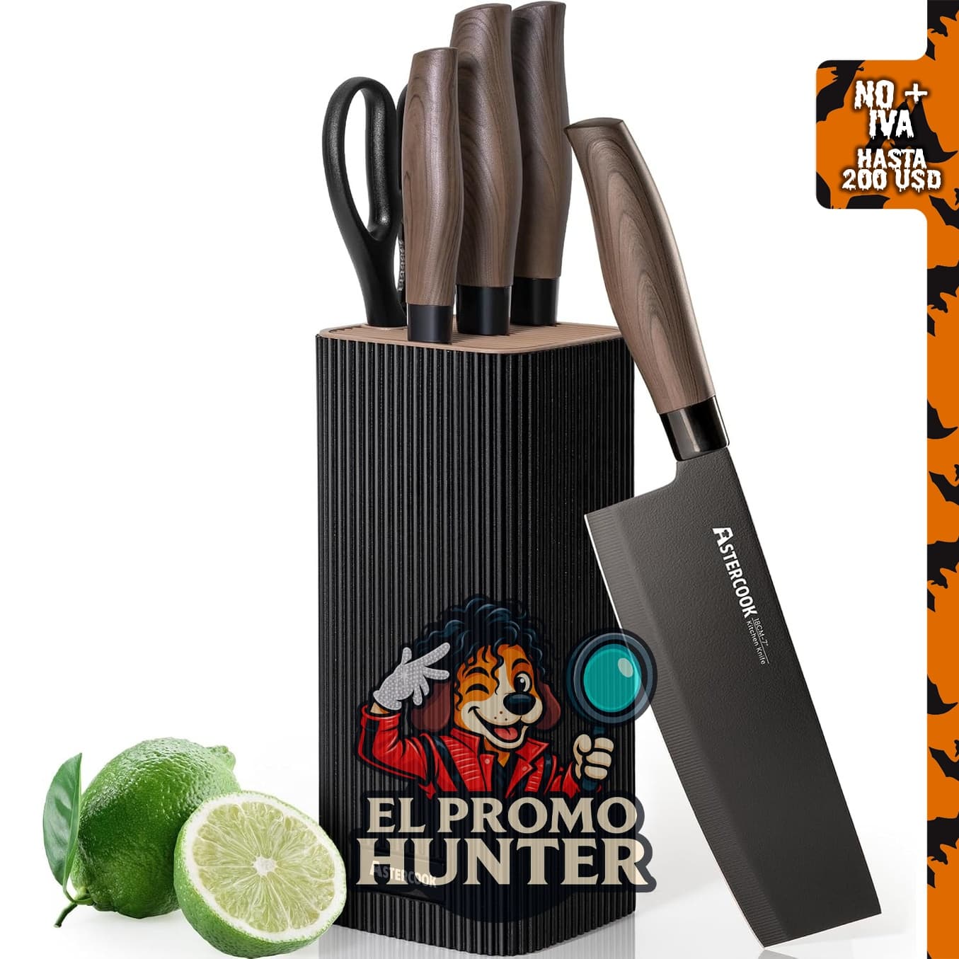 Astercook juego de cuchillos de cocina de 6 piezas con bloque, acero inoxidable de alto carbono, mango de grano de madera.