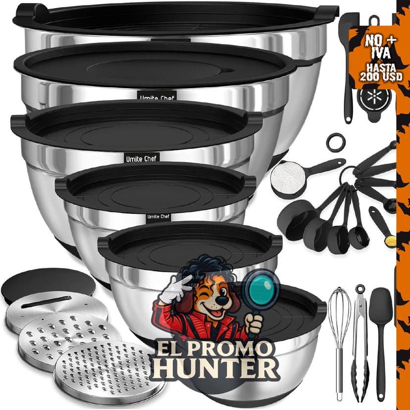 Juego de 26 cuencos de acero inoxidable con tapa y utensilios de cocina, incluye accesorio para rallador.