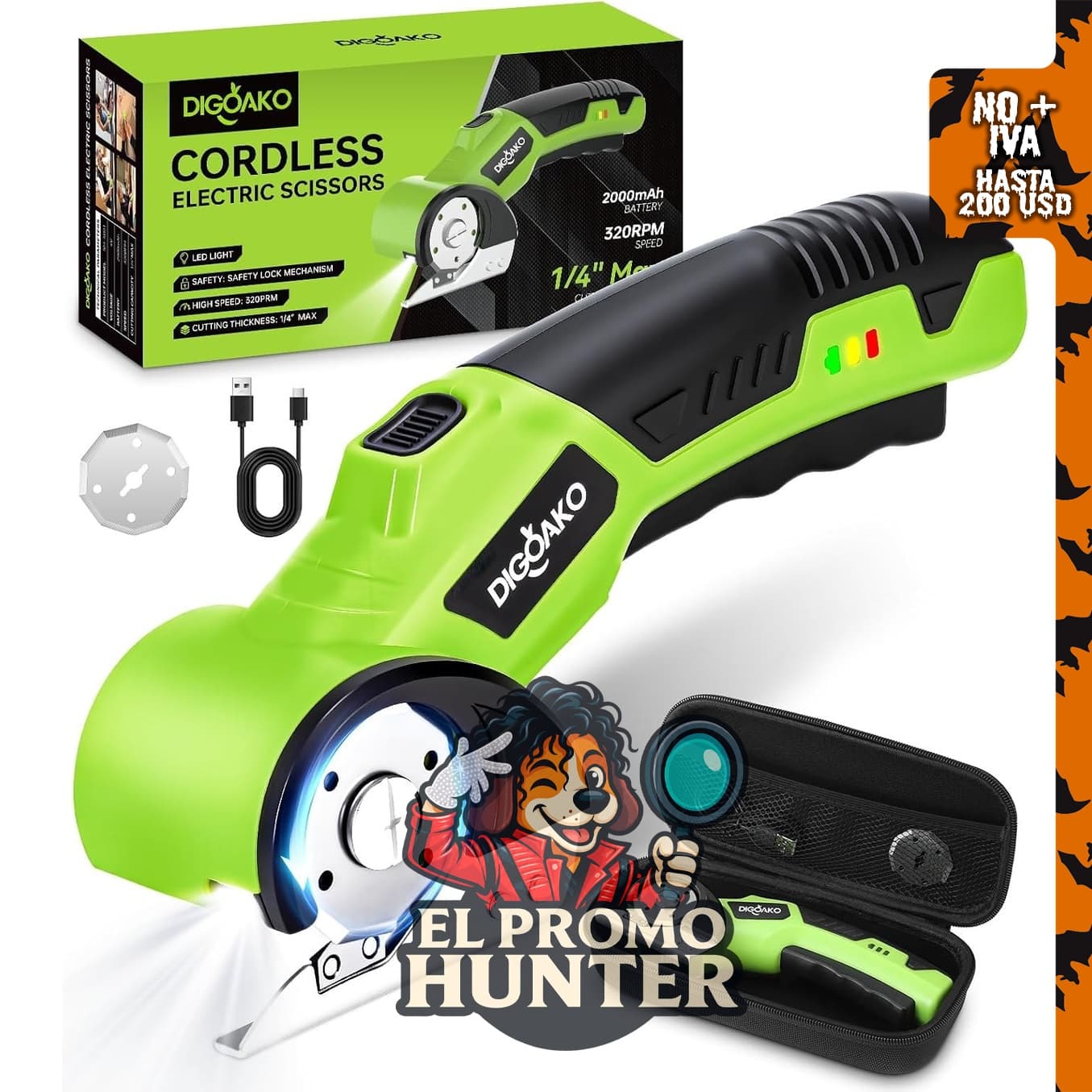 Cortador de cartón eléctrico recargable de 4 V con batería de 2000 mAh y luz LED.