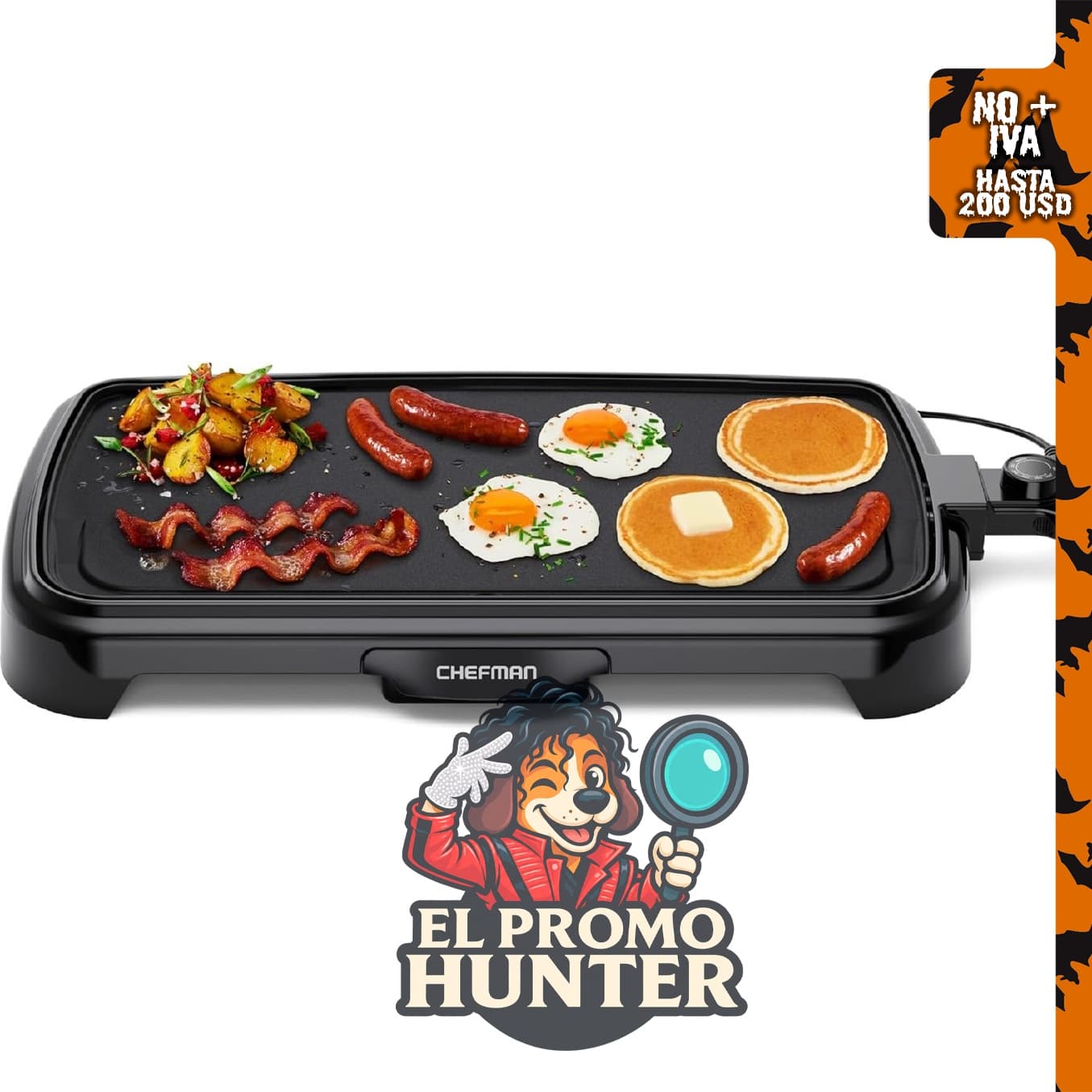 Chefman XL - Parrilla eléctrica con control de temperatura removible, superficie de cocción antiadherente extra grande.