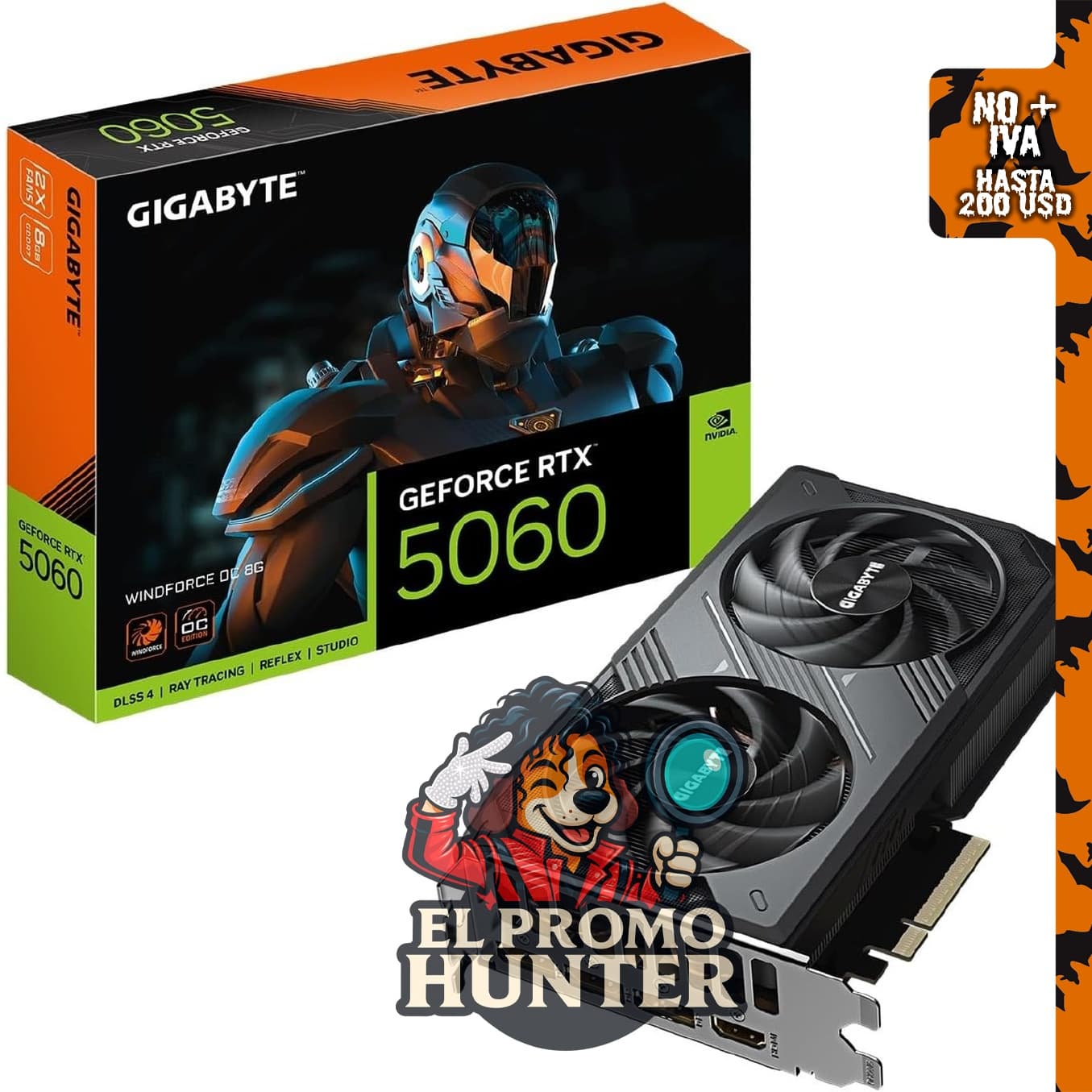 GIGABYTE GeForce RTX 5060 WINDFORCE OC 8G, tarjeta gráfica con 8 GB GDDR7, PCIe 5.0, DisplayPort y HDMI.
