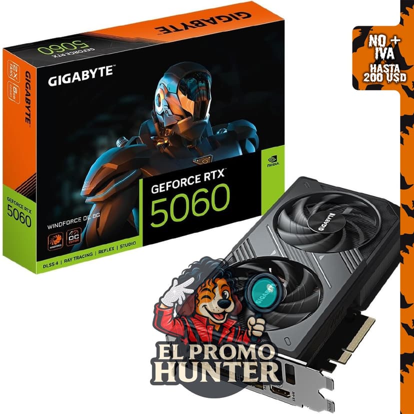 GIGABYTE GeForce RTX 5060 WINDFORCE OC 8G, tarjeta gráfica con 8 GB GDDR7, PCIe 5.0, DisplayPort y HDMI.