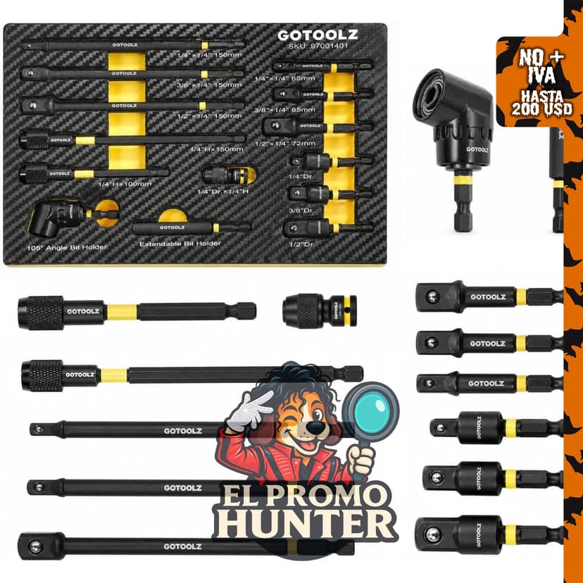 Juego de adaptadores de enchufe de impacto de 14 piezas, incluye adaptadores de 1/4", 3/8" y 1/2", extensión magnética.