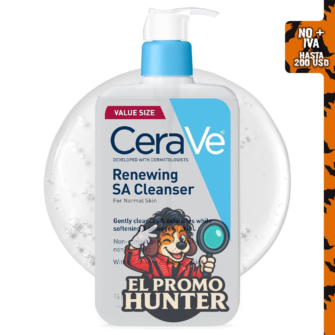 CeraVe Limpiador renovador de ácido salicílico, lavado facial exfoliante suave, 16 oz (473 ml).