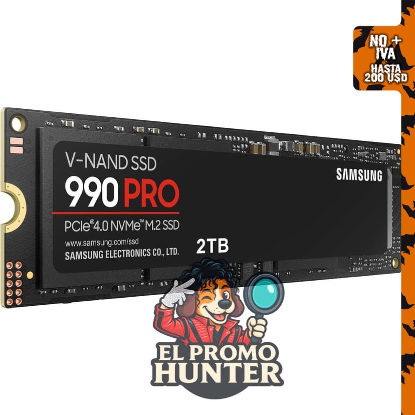 Samsung SSD 990 PRO 2TB, PCIe 4.0 M.2 2280, velocidad de hasta 7,450 MB/s.