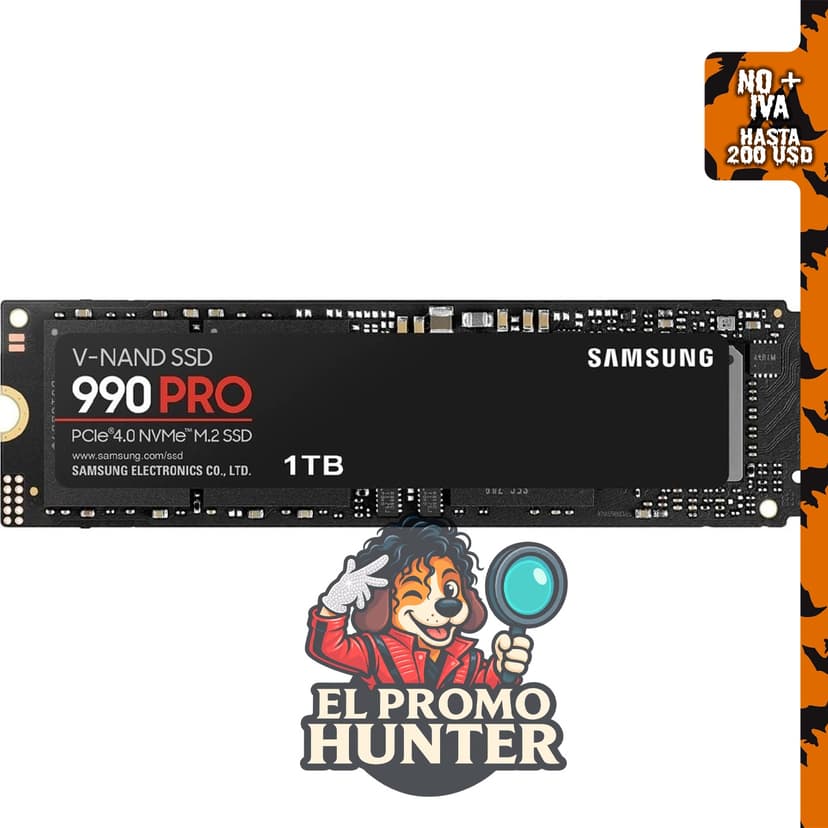 Samsung SSD 990 PRO 1TB, PCIe 4.0 M.2 2280, velocidad de hasta 7,450 MB/s.