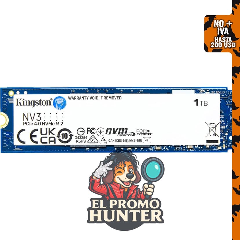 Kingston NV3 1TB M.2 2280 NVMe SSD, PCIe 4.0 Gen 4x4, velocidad de hasta 6000 MB/s.