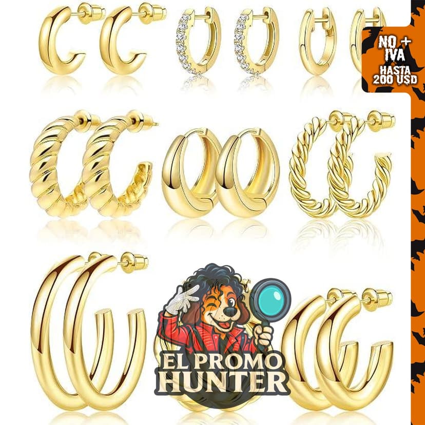 Juego de 9 pares de aretes de aro dorados, huggie retorcidos, chapados en oro de 14K y 18K.