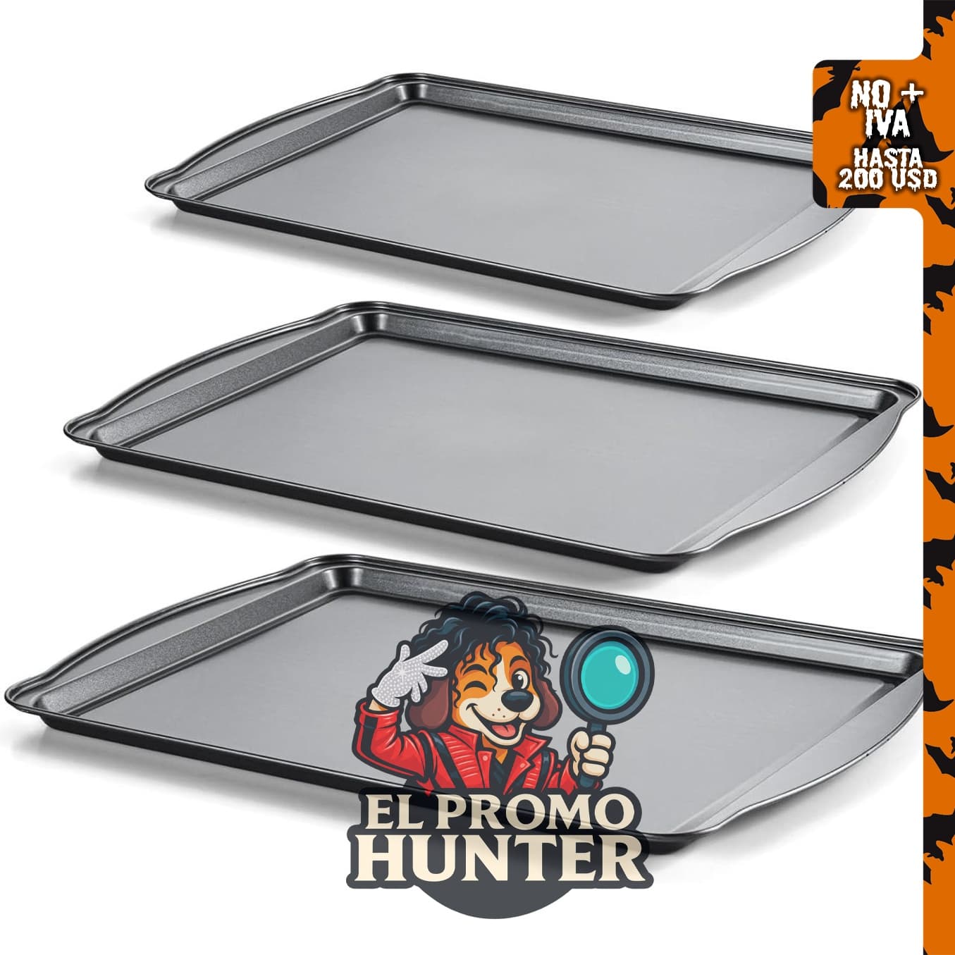 Juego de 3 bandejas de horno de acero al carbono, 43/38/33 cm, antiadherentes, con asas dobles, apilables.