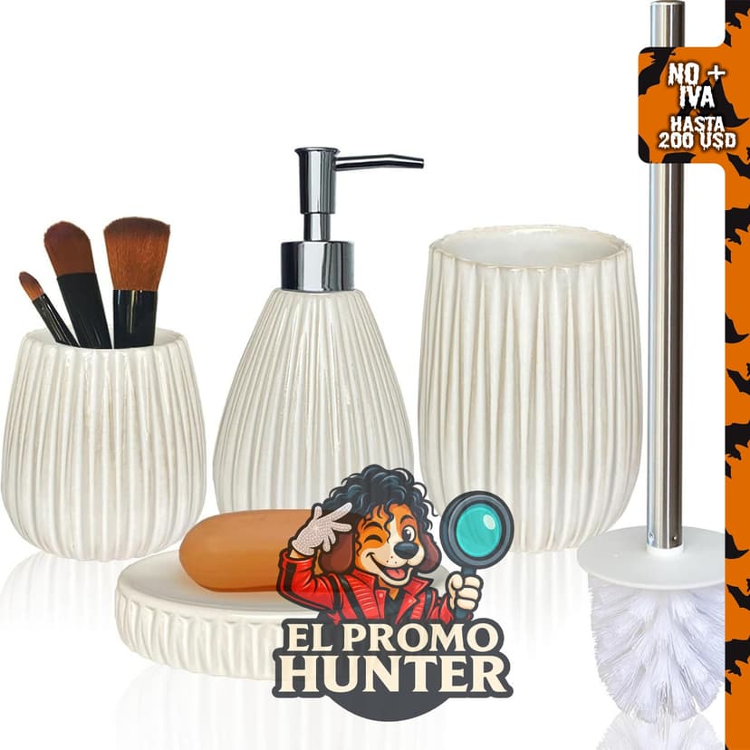 Juego de accesorios de baño de cerámica blanco, incluye cepillo de inodoro, dispensador de loción, jabonera y taza para cepillo de dientes.