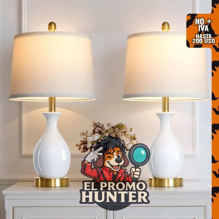 Juego de 2 lámparas de mesa de cerámica blanca de 61 cm, incluye 2 bombillas LED.