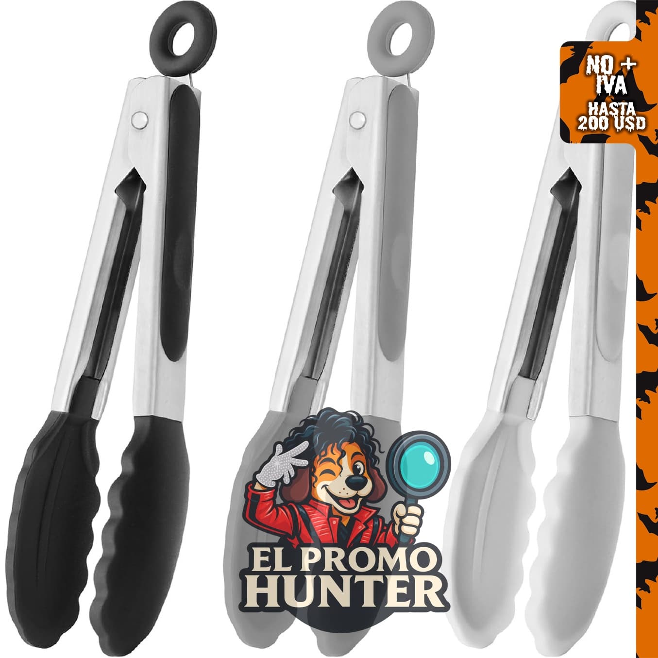 HINMAY Pinzas pequeñas de silicona de 7" (18 cm), juego de 3 unidades en colores negro, gris y blanco.