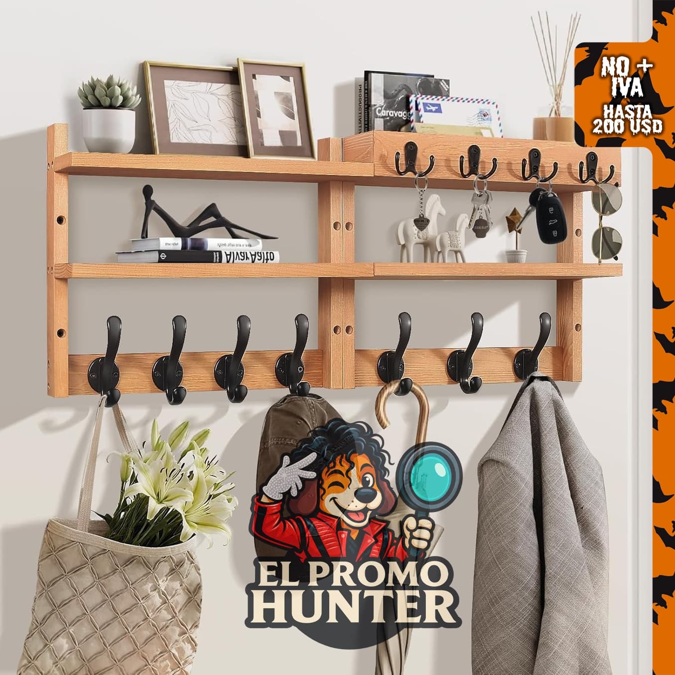 Perchero de pared de 29" (74 cm) con estante de pino, incluye 7 ganchos para llaves y soporte para correo.