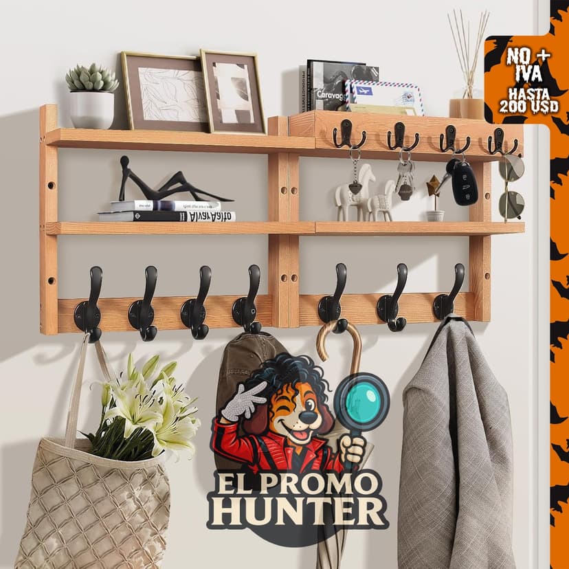 Perchero de pared de 29" (74 cm) con estante de pino, incluye 7 ganchos para llaves y soporte para correo.