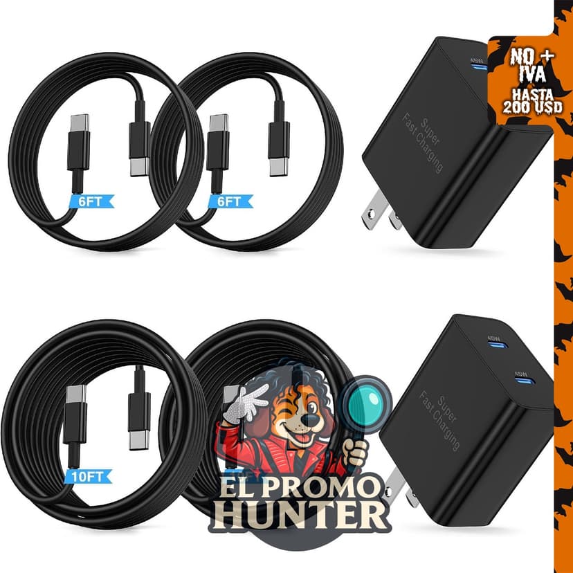 Cargador rápido de 45 W con doble puerto y cables USB tipo C de 3 m y 1.8 m para dispositivos Android.