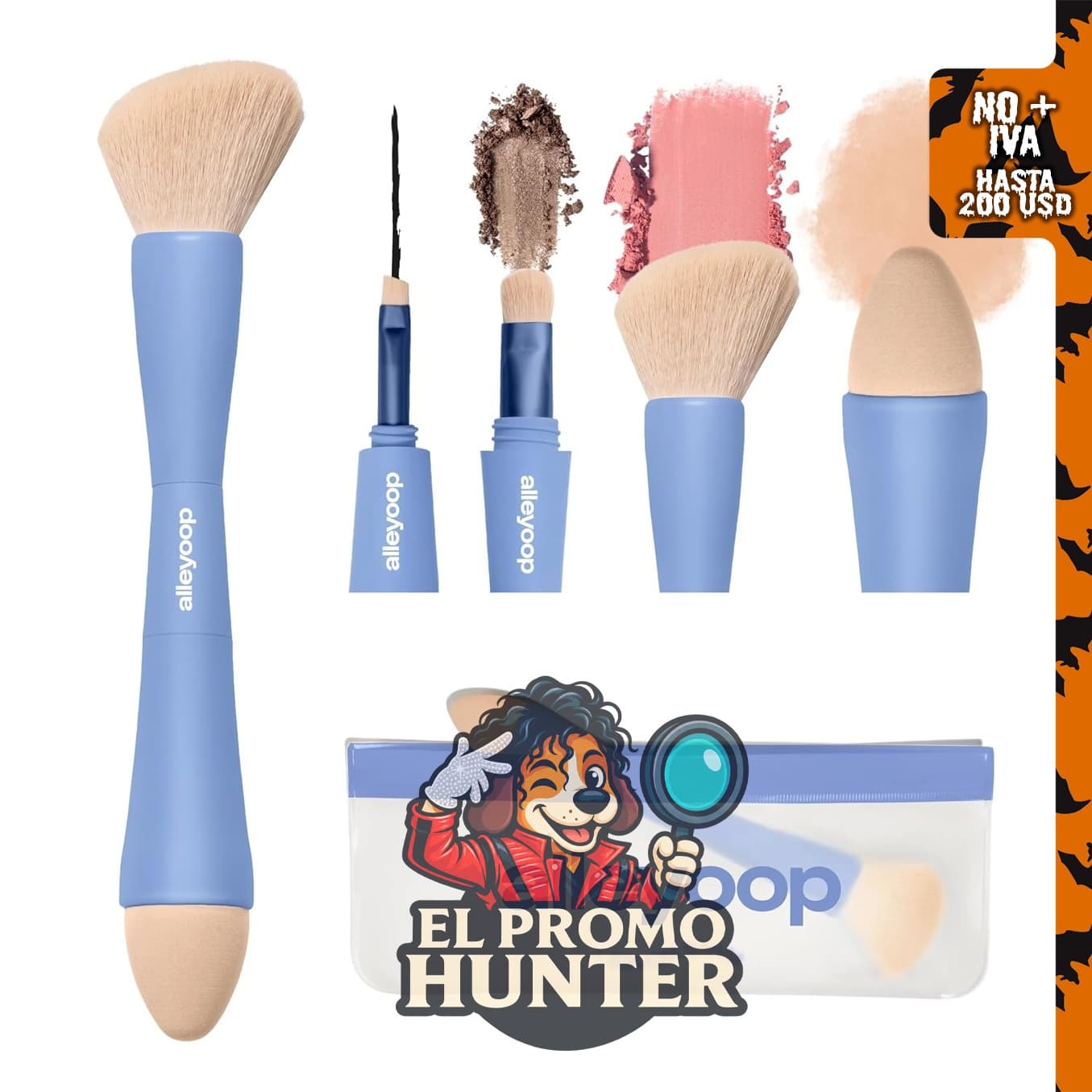 Alleyoop Multi-Tasker 4 en 1, juego de brochas de maquillaje de viaje con esponja de rubor.