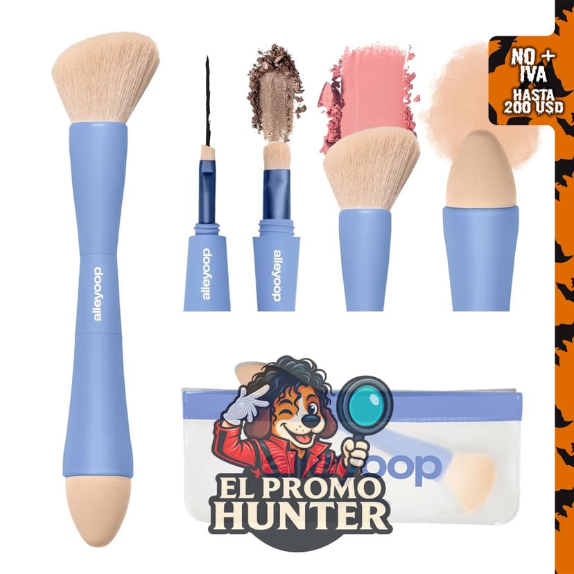Alleyoop Multi-Tasker 4 en 1, juego de brochas de maquillaje de viaje con esponja de rubor.