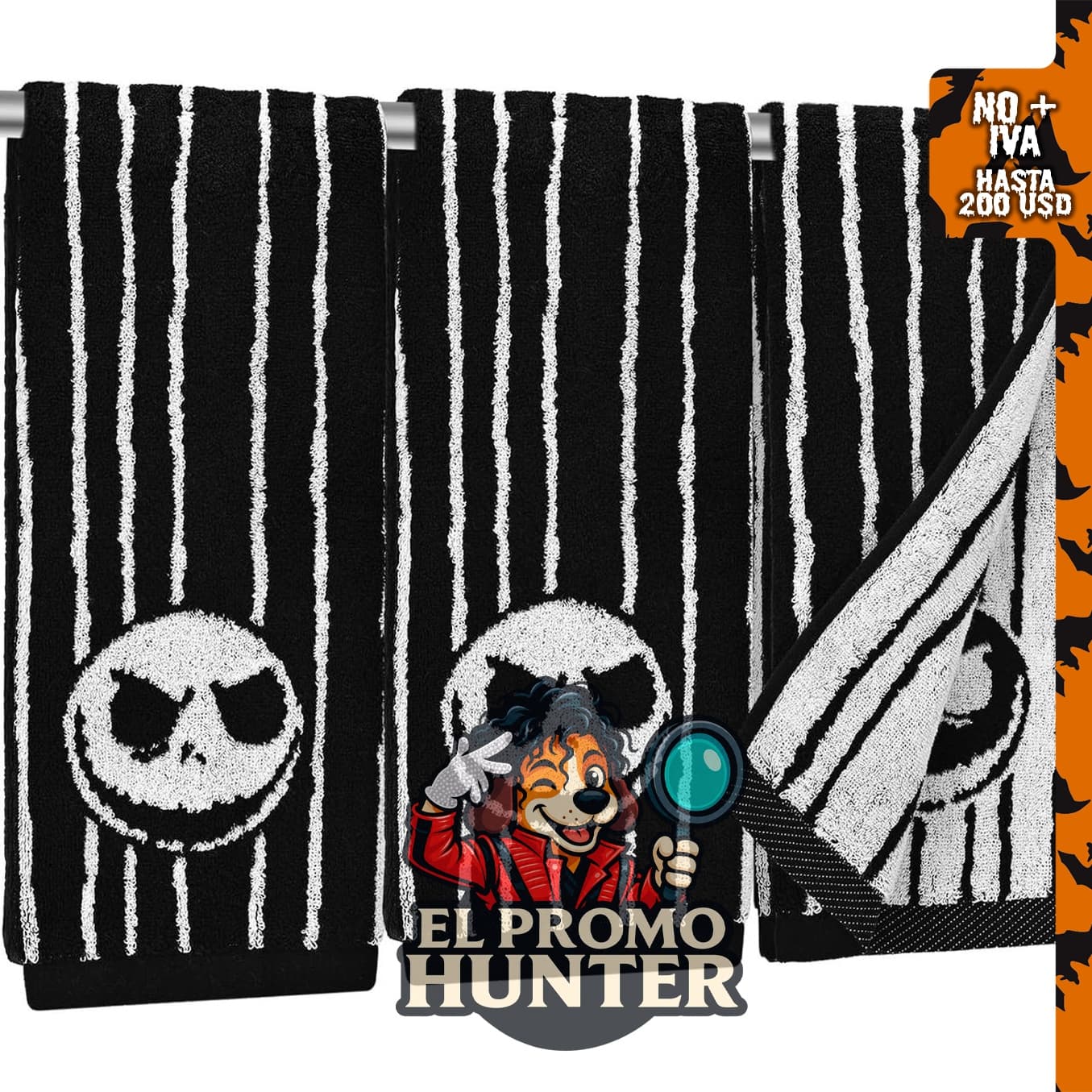Paquete de 3 toallas de mano con diseño de calavera a rayas para Halloween.