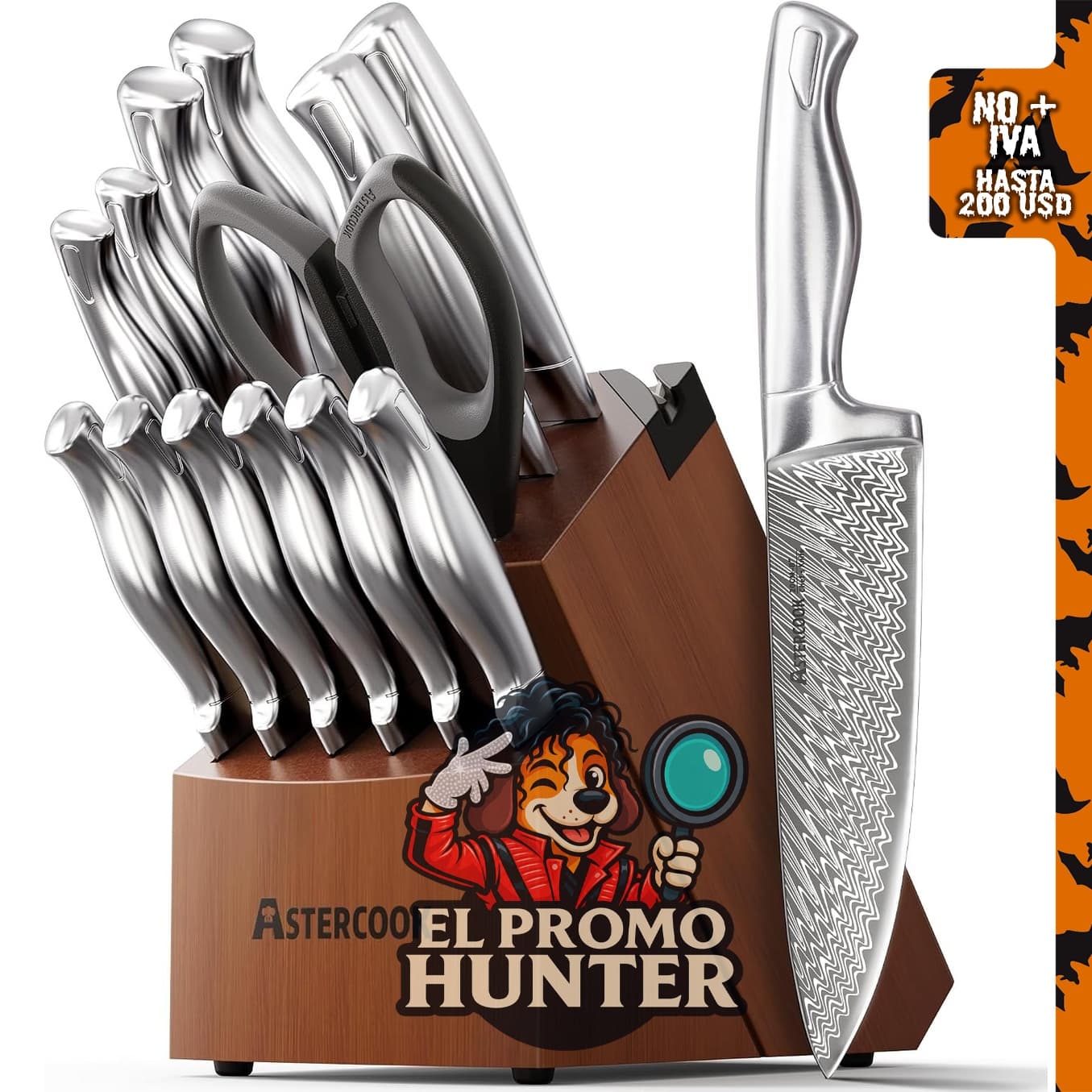 Astercook juego de cuchillos de cocina de 15 piezas con afilador, fabricado en Alemania.