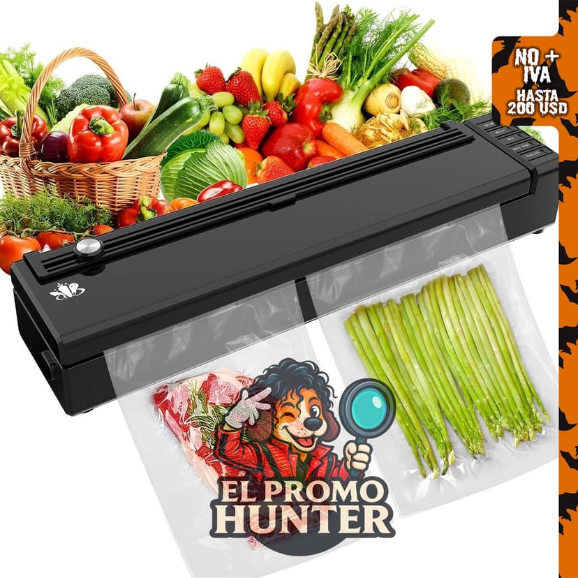 Máquina selladora al vacío para alimentos secos/húmedos, con cortador integrado y manguera de succión externa.
