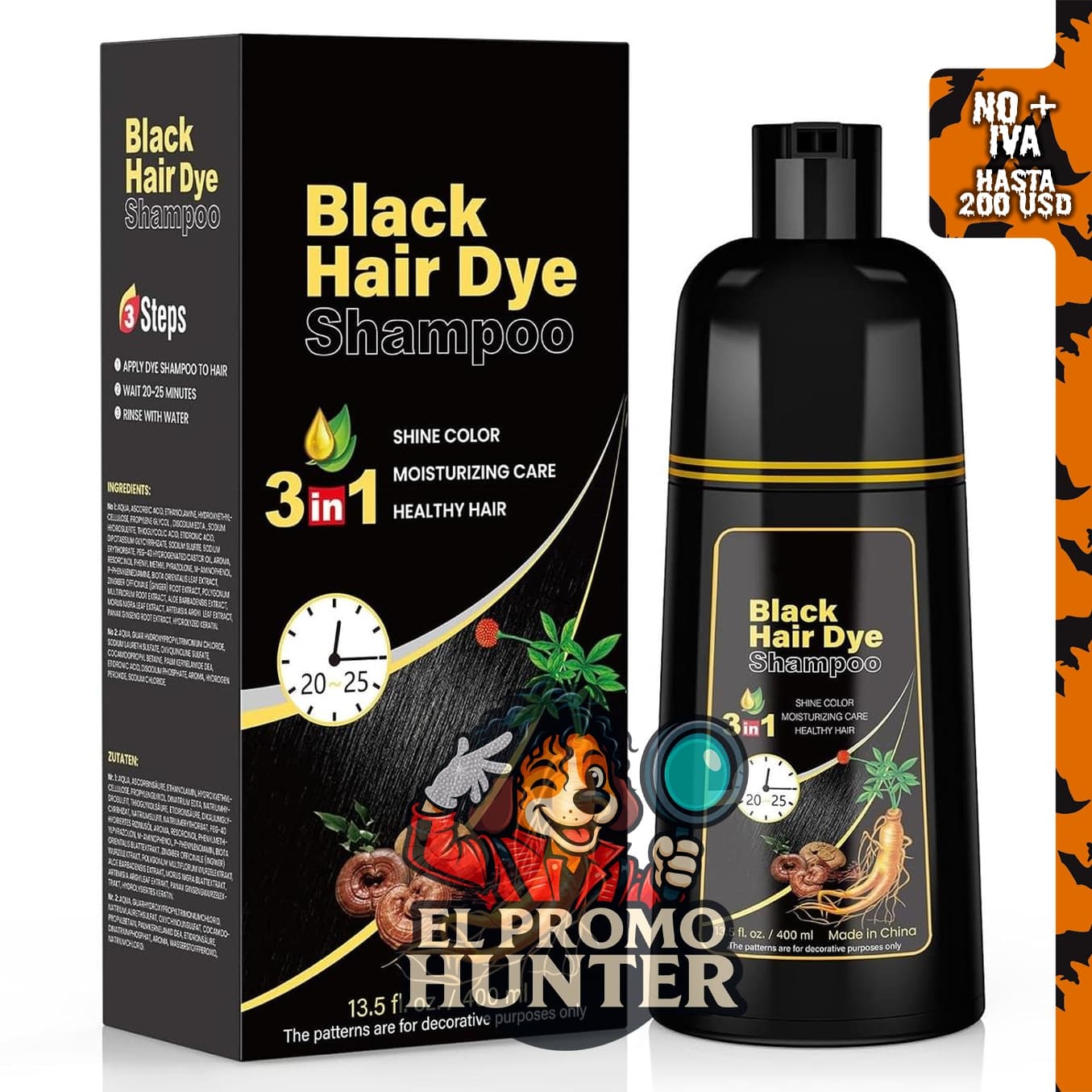 JUANCHI Champú de tinte para cabello negro, 13.5 fl oz (400 ml).