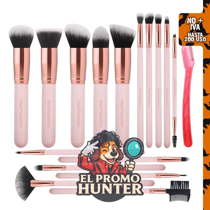 Real Perfection Juego de 16 brochas de maquillaje con maquinilla de afeitar para cejas, base sintética.