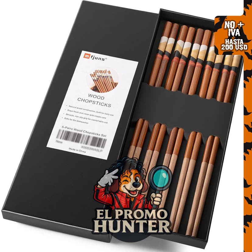 Palillos de madera natural reutilizables, 5 pares.