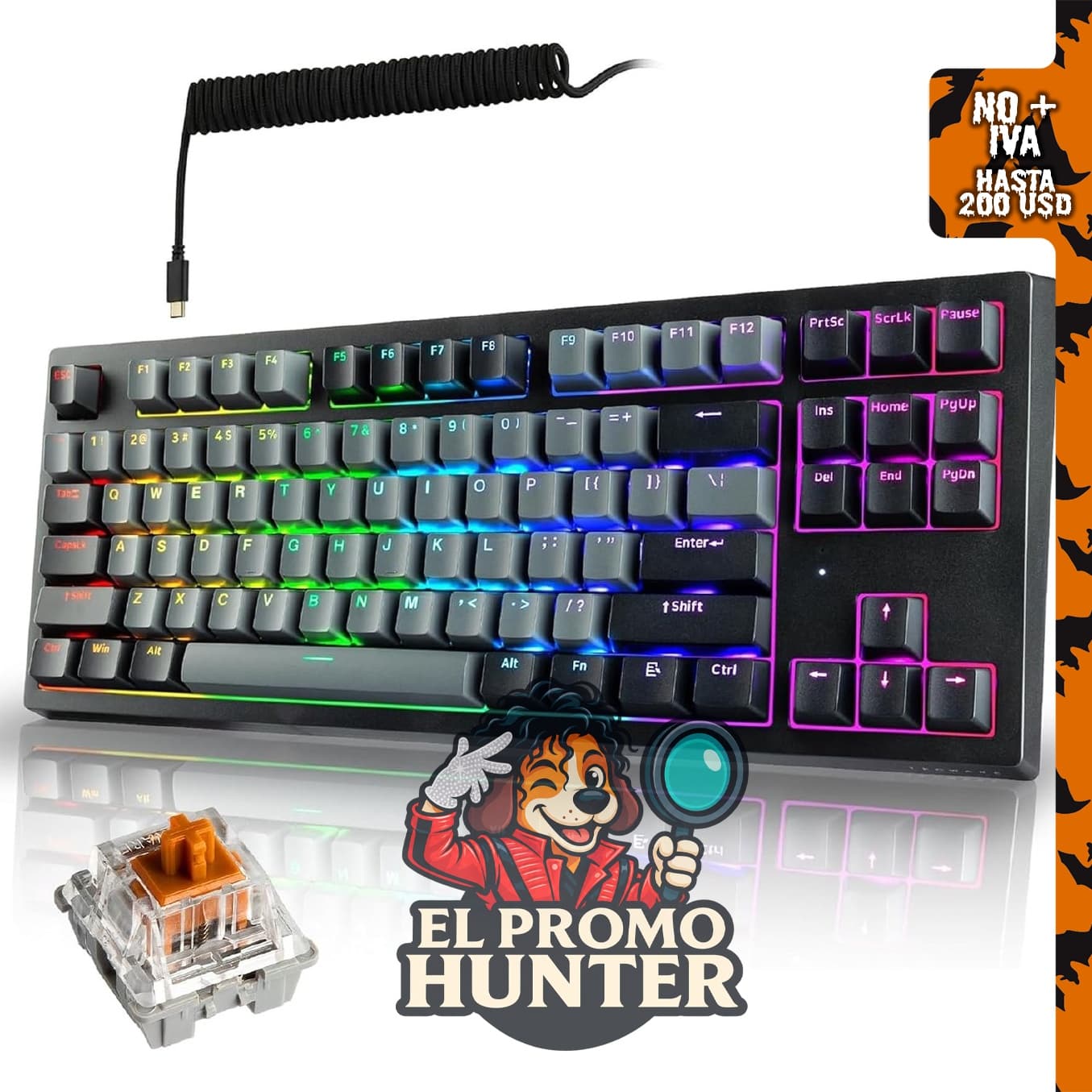 TECWARE Phantom+ Elite Teclado mecánico RGB de 87 teclas, con conectividad Bluetooth 5.0, 2.4 GHz y USB-C.