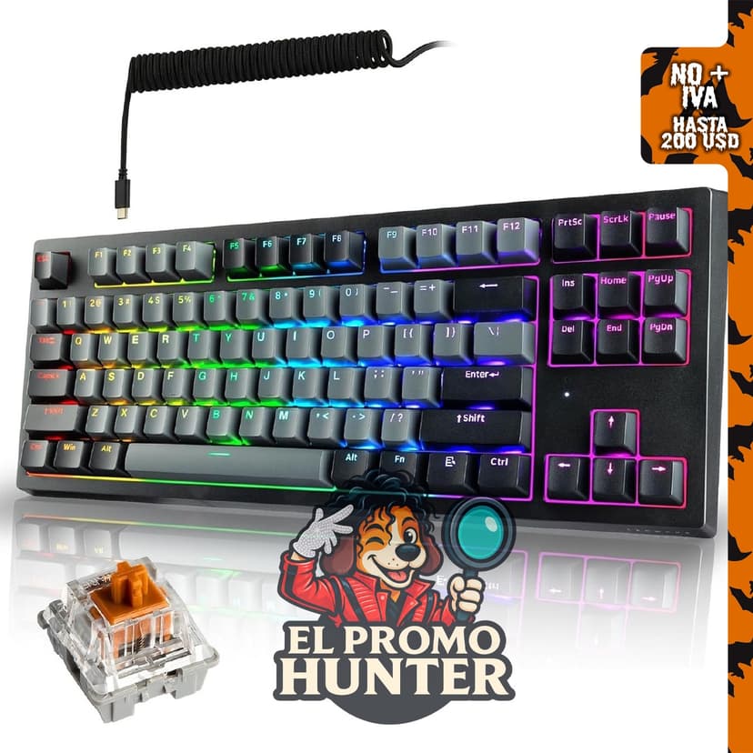 TECWARE Phantom+ Elite Teclado mecánico RGB de 87 teclas, con conectividad Bluetooth 5.0, 2.4 GHz y USB-C.