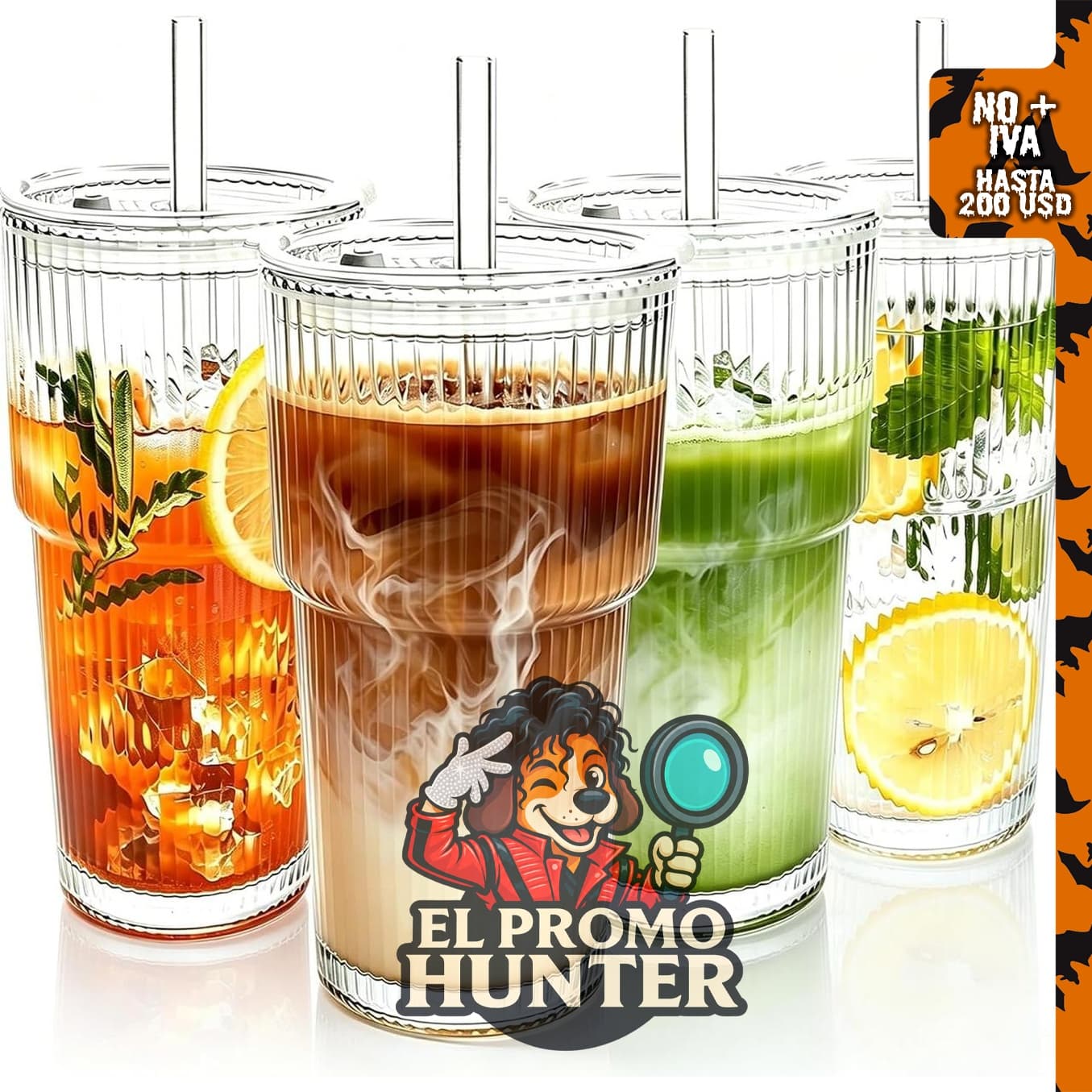 Juego de 4 tazas de vidrio de 20 oz con tapas y popotes, aptas para café helado, jugos y bebidas frías.