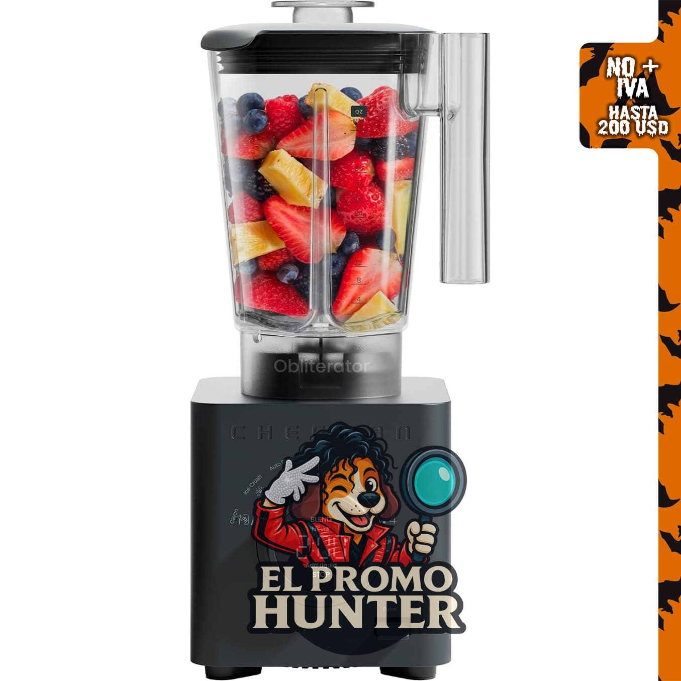 Chefman Obliterator - Batidora de encimera de 48 oz (1.4 L) con motor de 1380 W, hoja de acero inoxidable y función de mezcla automática.
