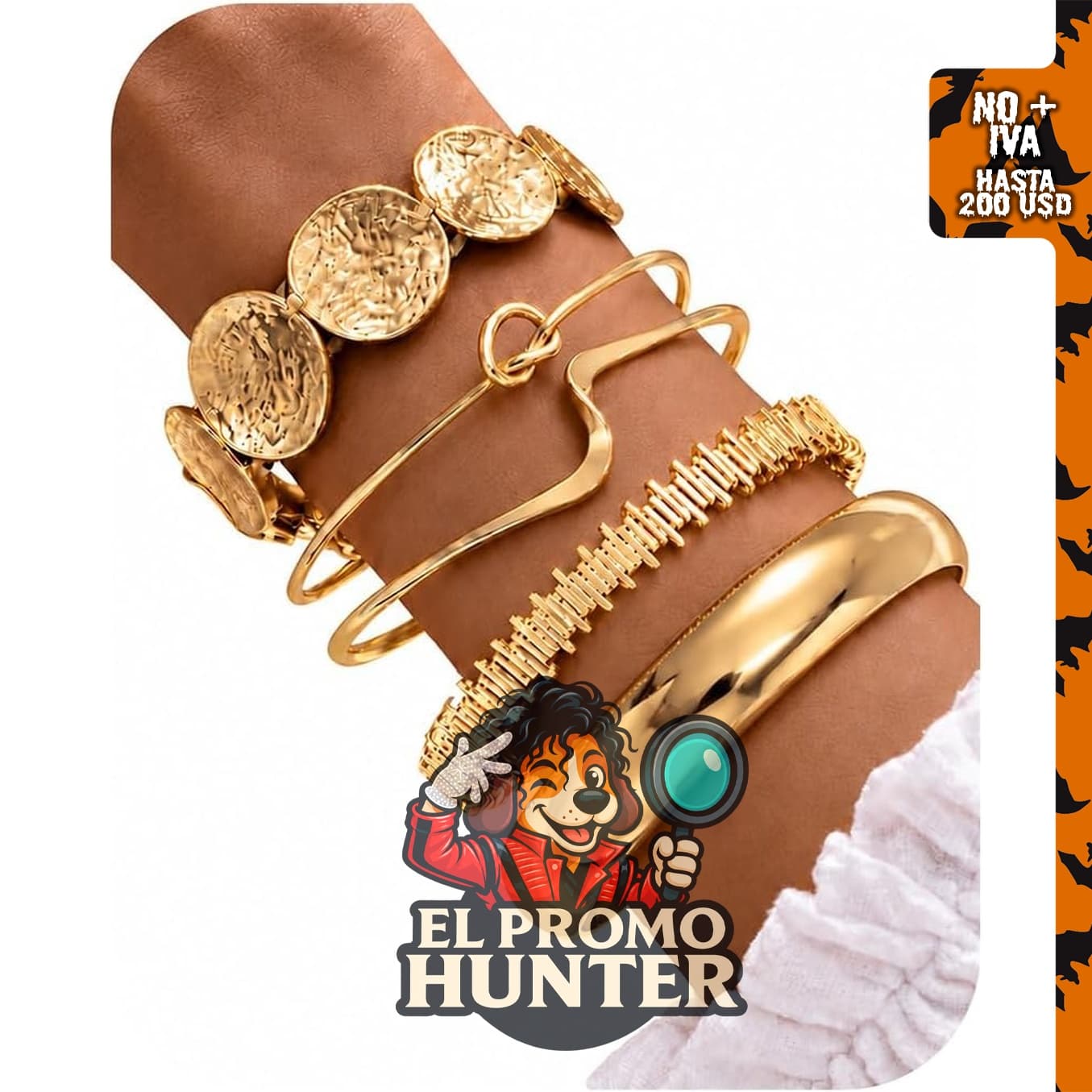 Juego de 5 pulseras doradas gruesas para mujer.