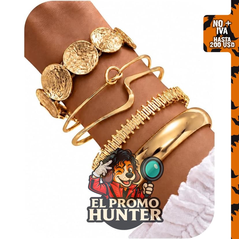 Juego de 5 pulseras doradas gruesas para mujer.